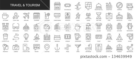 Travel and tourism web icons set in thin line design. Pack of hotel, compass, flight, passport, hiking, lounge, suitcase, trip, camping, ticket, other outline stroke pictograms. Vector illustration. 134639949