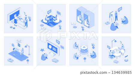 Coworking 3d isometric concept set with isometric icons design for web. Collection of employees workplace in open office, colleagues working together, business meeting community. Vector illustration 134639985