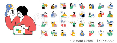 Travel concept with character situations mega set in flat web design. Bundle of scenes people go on vacation tours, buying tickets online, sightseeing with guide excursions. Vector illustrations. Travel concept with character situations mega set in flat web design. Bundle of scenes people go on vacation tours, buying tickets online, sightseeing with guide excursions. Vector illustrations. 134639992