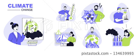 Climate change concept set for web design. Collection with people suffering from hot temperature, toxic pollution, melting glaciers and more. Flat vector illustration isolated on white background. Climate change concept set for web design. Collection with people suffering from hot temperature, toxic pollution, melting glaciers and more. Flat vector illustration isolated on white background. 134639993