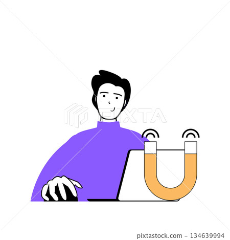 Education concept with cartoon people in flat design for web. Student getting new knowledges while learning at online course by laptop. Vector illustration for social media banner, marketing material. 134639994