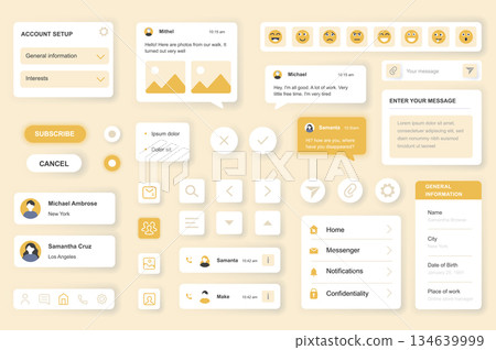 User interface elements set for Messenger mobile app or web. Kit template with HUD, account setup, chats, emoji, subscribe, business network, online contacts. Pack of UI, UX, GUI. Vector components. User interface elements set for Messenger mobile app or web. Kit template with HUD, account setup, chats, emoji, subscribe, business network, online contacts. Pack of UI, UX, GUI. Vector components. 134639999