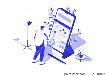 Mobile organizer 3d isometric concept in isometry graphic design for web. People scene with man using app for organizing work tasks and daily activities, marking date in calendar. Vector illustration. Mobile organizer 3d isometric concept in isometry graphic design for web. People scene with man using app for organizing work tasks and daily activities, marking date in calendar. Vector illustration. 134640004