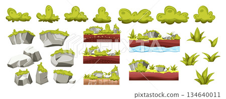 Grass and rocks mega set in cartoon graphic design. Bundle elements of green bushes, grey stones with moss, plant leaves, ground asset layers for game interface. Vector illustration isolated objects Grass and rocks mega set in cartoon graphic design. Bundle elements of green bushes, grey stones with moss, plant leaves, ground asset layers for game interface. Vector illustration isolated objects 134640011