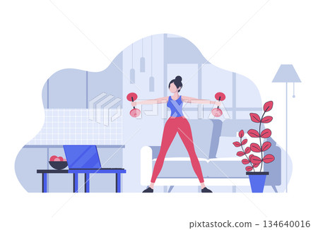 Fitness at home concept with cartoon people in flat design for web. Woman doing exercise with dumbbells with video training lesson. Vector illustration for social media banner, marketing material. 134640016