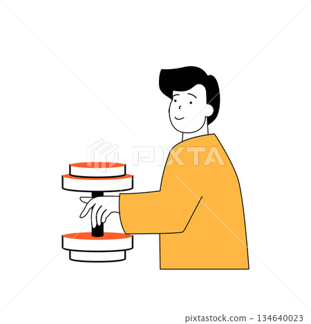 Fitness concept with cartoon people in flat design for web. Man lifting heavy dumbbell for muscle exercising, doing bodybuilding. Vector illustration for social media banner, marketing material. Fitness concept with cartoon people in flat design for web. Man lifting heavy dumbbell for muscle exercising, doing bodybuilding. Vector illustration for social media banner, marketing material. 134640023