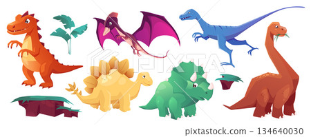 Cute dinosaurs mega set in cartoon graphic design. Bundle elements of different types prehistoric dinos, plants, ground shapes. Funny ancient predator characters. Vector illustration isolated objects Cute dinosaurs mega set in cartoon graphic design. Bundle elements of different types prehistoric dinos, plants, ground shapes. Funny ancient predator characters. Vector illustration isolated objects 134640030