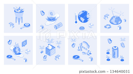 Ecology 3d isometric concept set with isometric icons design for web. Collection of waste management, recycling technology, climate changing, eco friendly factory, green energy. Vector illustration Ecology 3d isometric concept set with isometric icons design for web. Collection of waste management, recycling technology, climate changing, eco friendly factory, green energy. Vector illustration 134640031