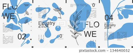 Floral modern banner with trendy minimalistic typography design. Poster templates with leaves and twigs silhouettes, abstract geometric shapes and liquid forms, text elements. Vector illustration. Floral modern banner with trendy minimalistic typography design. Poster templates with leaves and twigs silhouettes, abstract geometric shapes and liquid forms, text elements. Vector illustration. 134640032