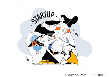Startup outline web modern concept in flat line design. Woman creating and launching new business project, entrepreneur beginnings. Vector illustration for social media banner, marketing material. 134640035