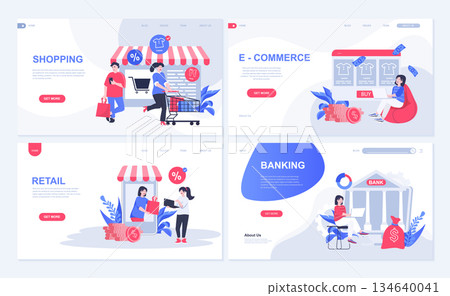 Shopping and e-commerce web concept for landing page in flat design. Customers make purchases at retail stores and online shops, paying orders. Vector illustration with people characters for homepage Shopping and e-commerce web concept for landing page in flat design. Customers make purchases at retail stores and online shops, paying orders. Vector illustration with people characters for homepage 134640041
