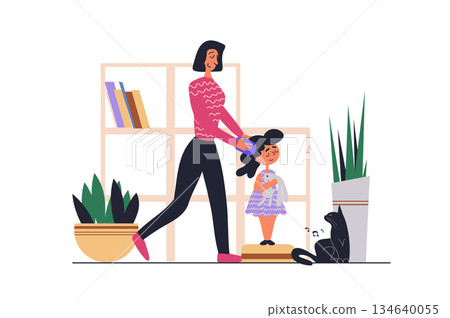 Hair care web concept with people scene in flat design. Woman combing her daughter hair, doing daily care procedures and making kid hairstyle. Vector illustration with character situation for web Hair care web concept with people scene in flat design. Woman combing her daughter hair, doing daily care procedures and making kid hairstyle. Vector illustration with character situation for web 134640055