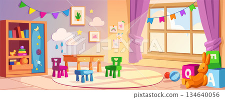 Kindergarten interior background banner for game design. Daycare room with table, child chairs, different toys, book shelf with learning tools, window, garlands, other. Vector cartoon illustration 134640056