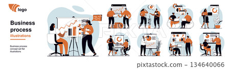 Business process concept with people scenes mega set in flat web design. Bundle of character situation with teamwork, data analysis, financial planning, project cooperation. Vector illustrations. 134640066