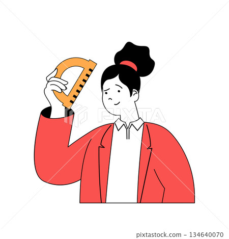 School learning concept with cartoon people in flat design for web. Teacher holds ruler and explaining information at geometry class. Vector illustration for social media banner, marketing material. 134640070