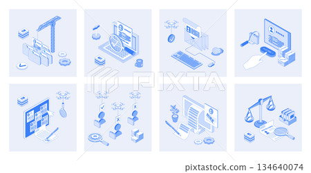 HR process 3d isometric concept set with isometric icons design for web. Collection of online resume searching, candidate job interview, choose applicants, company employment. Vector illustration 134640074