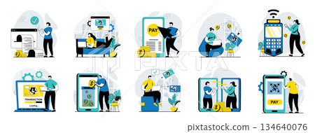 E-payment web concept with people scenes mega set in flat design. Bundle of character situations with payment online at store, clients paying with credit card using application. Vector illustrations. E-payment web concept with people scenes mega set in flat design. Bundle of character situations with payment online at store, clients paying with credit card using application. Vector illustrations. 134640076