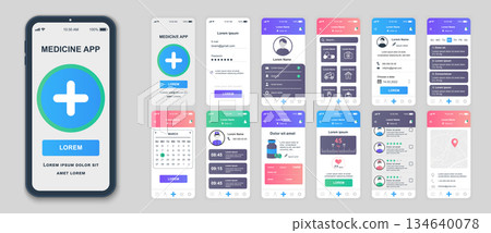 Medicine mobile app screens set for web templates. Pack of login profile, online services, doctor visits calendar, health data. UI, UX, GUI user interface kit for cellphone layouts. Vector design Medicine mobile app screens set for web templates. Pack of login profile, online services, doctor visits calendar, health data. UI, UX, GUI user interface kit for cellphone layouts. Vector design 134640078