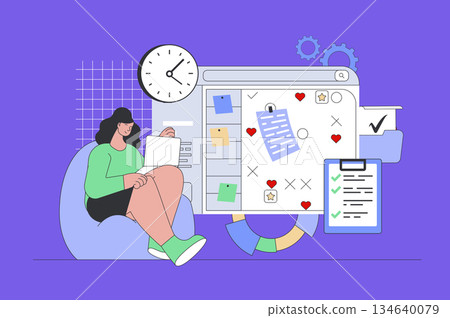 Planning concept in modern flat design for web. Woman creating everyday schedule with events and notes at calendar, managing work time. Vector illustration for social media banner, marketing material. Planning concept in modern flat design for web. Woman creating everyday schedule with events and notes at calendar, managing work time. Vector illustration for social media banner, marketing material. 134640079