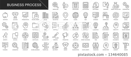 Business process web icons set in thin line design. Pack of inspection, hire, calculation money, coaching, protection, cooperation, success, task, other outline stroke pictograms. Vector illustration. 134640085