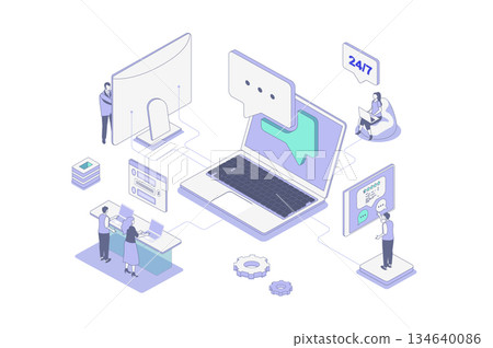Customer support isometric concept in outline isometry design for web. People working in call center, operators answering in chat and consulting clients, solve technical problems. Vector illustration. 134640086