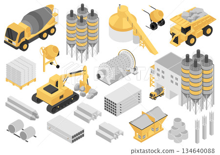 Cement manufacturing isometric elements constructor mega set. Creator kit with flat graphic concrete mixers, machinery, slabs, blocks pile, factory buildings. Vector illustration in 3d isometry design 134640088