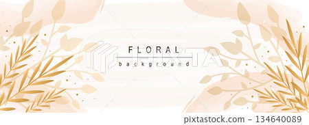 Floral horizontal web banner. Abstract pastel leaves and plant foliage, twigs and herbs on elegant decorative background. Vector illustration for header website, cover templates in modern design Floral horizontal web banner. Abstract pastel leaves and plant foliage, twigs and herbs on elegant decorative background. Vector illustration for header website, cover templates in modern design 134640089