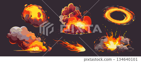 Fire game effects mega set in cartoon graphic design. Bundle elements of different shapes explosion, flame with smoke clouds, bomb burst with splash, circle flash. Vector illustration isolated objects Fire game effects mega set in cartoon graphic design. Bundle elements of different shapes explosion, flame with smoke clouds, bomb burst with splash, circle flash. Vector illustration isolated objects 134640101