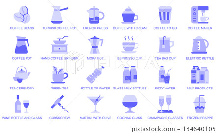 Drinking utensils web icons set in duotone flat design. Pack pictograms with coffee beans, turkish pot, champagne, hand grinder, espresso, tea bag, electric kettle, wine, other. Vector illustration. Drinking utensils web icons set in duotone flat design. Pack pictograms with coffee beans, turkish pot, champagne, hand grinder, espresso, tea bag, electric kettle, wine, other. Vector illustration. 134640105