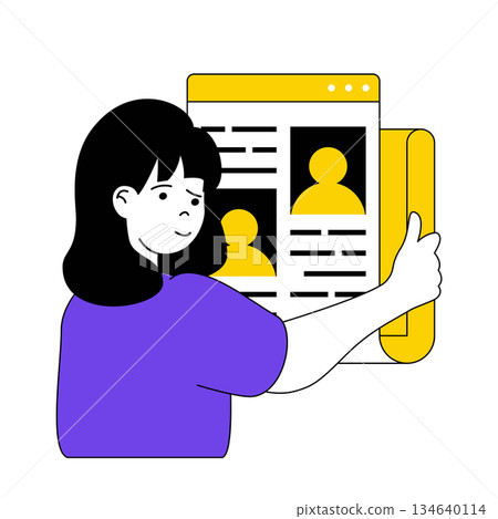 Recruitment concept with cartoon people in flat design for web. Woman looking new staff in office, researching cv at online platform. Vector illustration for social media banner, marketing material. 134640114