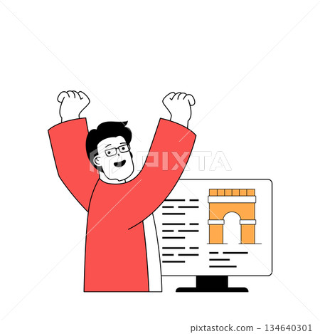 Travel concept with cartoon people in flat design for web. Man planning his vacation trip and researching new country information. Vector illustration for social media banner, marketing material. Travel concept with cartoon people in flat design for web. Man planning his vacation trip and researching new country information. Vector illustration for social media banner, marketing material. 134640301