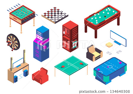 Recreation room 3d isometric mega set in isometry graphic design. Collection elements of table football, checkers, billiards, slot machine, darts, tennis, game console, other. Vector illustration. 134640308