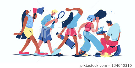 Searching for opportunities concept in cartoon web design. People with binoculars, magnifiers and telescopes looking new goals and career ideas. Flat vector illustration isolated on white background. 134640310