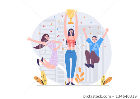 Leadership concept in modern flat design for web. Businesswoman and businessman achieve career goal, getting victory and cup prize reward, celebrating competition win in team. Vector illustration. Leadership concept in modern flat design for web. Businesswoman and businessman achieve career goal, getting victory and cup prize reward, celebrating competition win in team. Vector illustration. 134640319