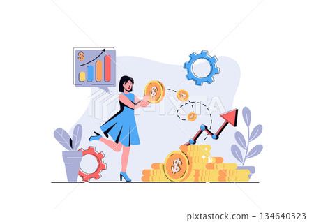 Investment web concept with cartoon people design. Woman investing her savings and personal finances in new business project, earning money. Flat vector illustration isolated on white background. Investment web concept with cartoon people design. Woman investing her savings and personal finances in new business project, earning money. Flat vector illustration isolated on white background. 134640323