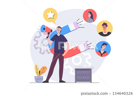 Digital marketing concept in modern flat design for web. Man with megaphone and magnet attracting new followers and customers, promoting online, making advertising campaign. Vector illustration. 134640326