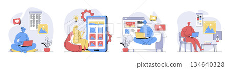 Content manager concept set in flat design for web. Collection with people creating photos and images for webpage filling, planning online posts, making digital content and text. Vector illustrations. 134640328