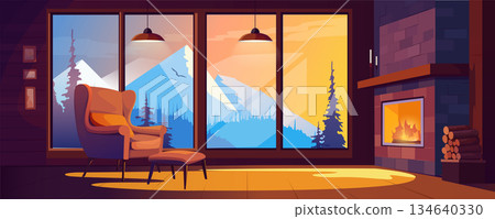Fireplace room interior at chalet house background banner for game design. Cosy living room with chair, lights and huge window and winter mountains view at cottage house. Vector cartoon illustration 134640330
