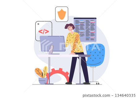 Development and programming concept in modern flat design for web. Man developer creating security system software product at computer and testing firewall from hacker attack. Vector illustration. Development and programming concept in modern flat design for web. Man developer creating security system software product at computer and testing firewall from hacker attack. Vector illustration. 134640335