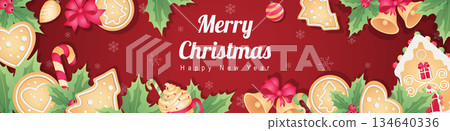 Merry Christmas banner design. Xmas party invitation template with frame of different gingerbread cookies, striped candy, holly leaves, bells with bows, ball toys, snowflakes. Vector illustration. 134640336