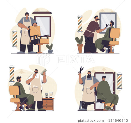 Barbershop concept scenes set in flat web design. People in situations of getting haircut and hairstyle, hairdressers shaving beard and mustaches, doing client care treatment. Vector illustrations. 134640340