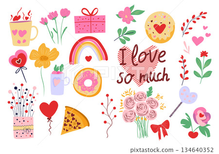 Valentine day set elements in flat graphic design. Collection of cute cup, heart, flowers, gift box, blossoms, donut, twigs, balloons, rainbow, bouquet, pizza, lollipop, other. Vector illustration. 134640352