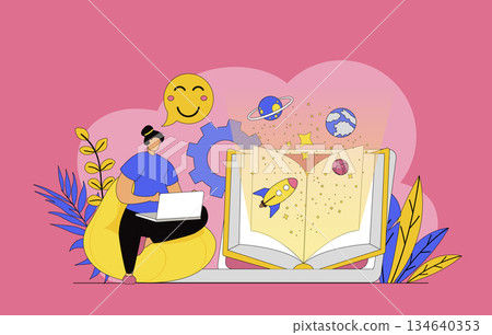 Online reading concept with modern flat design for web. Woman reading e-books on laptop, learning with digital textbook, enjoying literature and getting internet information. Vector illustration. 134640353
