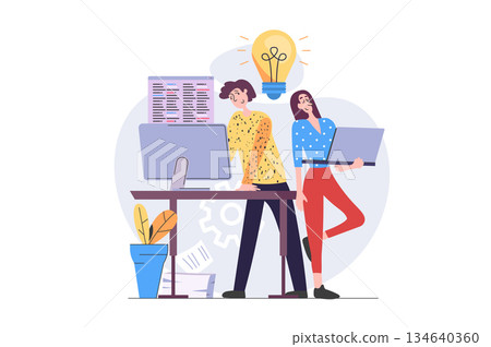 Programmers concept in modern flat design for web. Developers team working with code at laptop and computer, brainstorming and creating programs and software, improving products. Vector illustration. 134640360