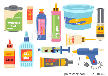 Glue containers set in flat graphic design. Collection elements of liquid sticky fix material for wallpaper and paper in bottles, sticks, tubes, cans, jars and other packaging. Vector illustration. 134640362