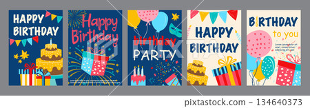 Happy birthday typography template posters. Vertical covers with holiday cake, gifts, flag garlands, firework, party balloons, other. Modern banners set in minimalism design. Vector illustration. Happy birthday typography template posters. Vertical covers with holiday cake, gifts, flag garlands, firework, party balloons, other. Modern banners set in minimalism design. Vector illustration. 134640373