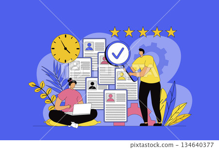 HR process concept with modern flat design for web. Woman and man choosing resume of best candidate for interview for open vacancy in office, finiding online staff applications. Vector illustration. 134640377