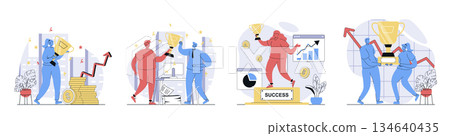 Business award concept set in flat design for web. Collection with people working together and achieving career goals, celebrating win, get golden trophy cup and increase profit. Vector illustrations. 134640435