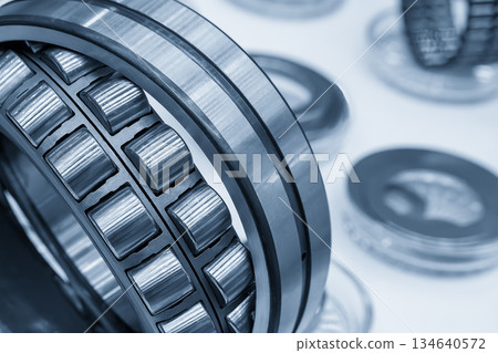 Close up scene the conical cylindrical bearing in the light blue scene with light effect. 134640572