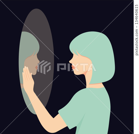 Girl looking at her reflection in the mirror concept of self acceptance and mental health flat vector illustration. 134640615